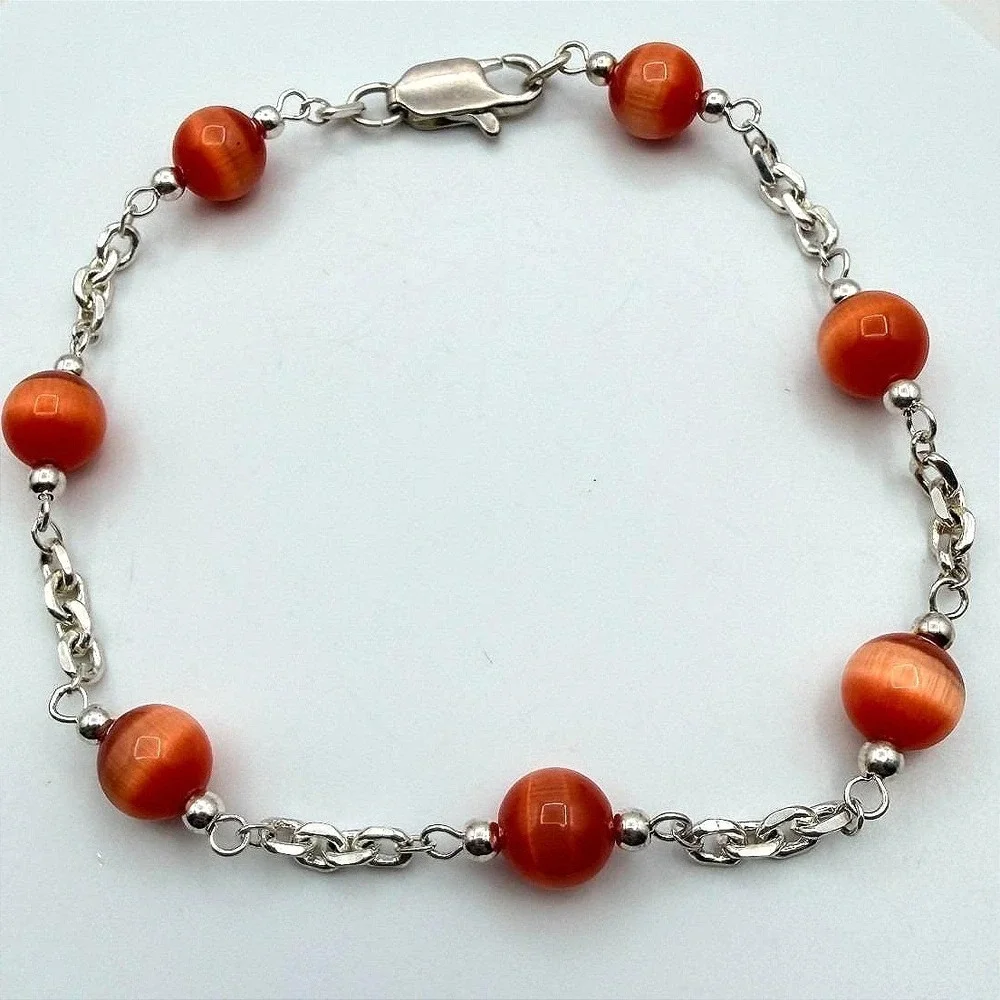 Vintage 90s Women's Silver Tone Chain Burnt Orange Bead Station Bracelet Jewelry